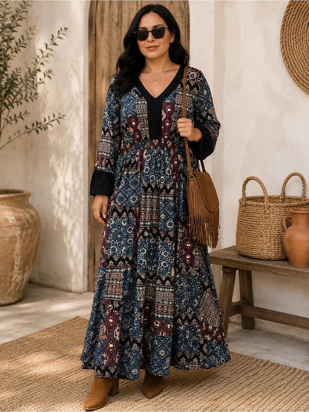 V-Neck Boho Patchwork Maxi Dress in Navy and Burgundy